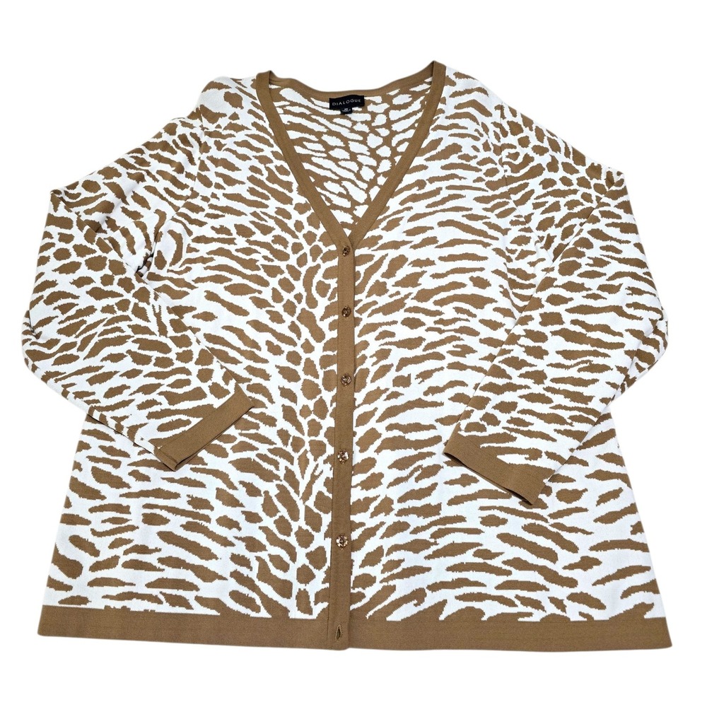 Dialogue Women's 2X Tan &‎ White Animal Print Button Front Cardigan Sweater